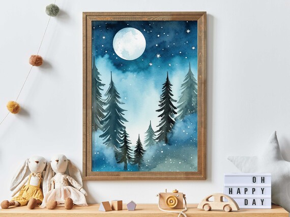 Full Moon Rising Over a Starry Pine Forest Blue Night Poster