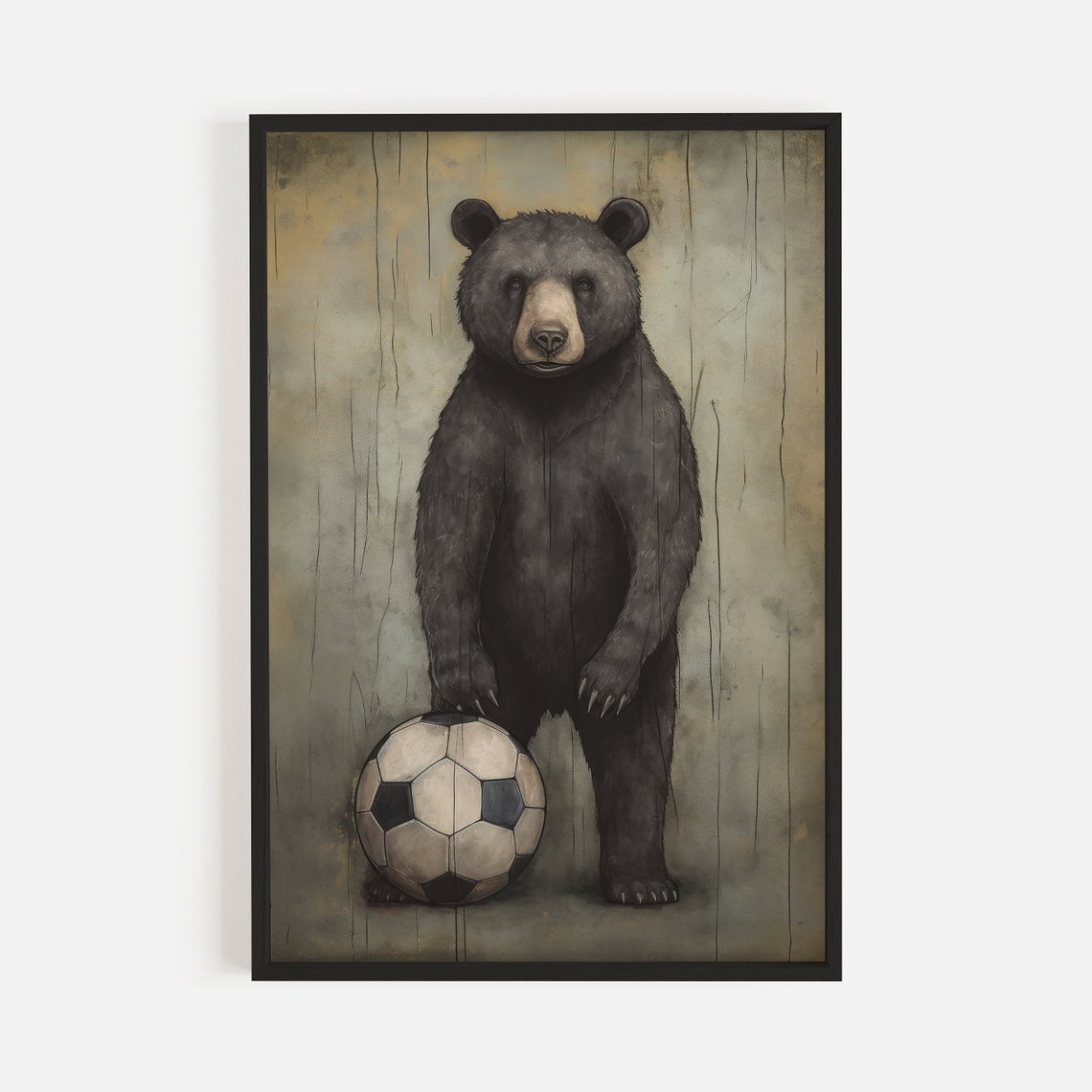 Black Bear Standing Beside a Soccer Ball Whimsical Nursery Poster - Image 2