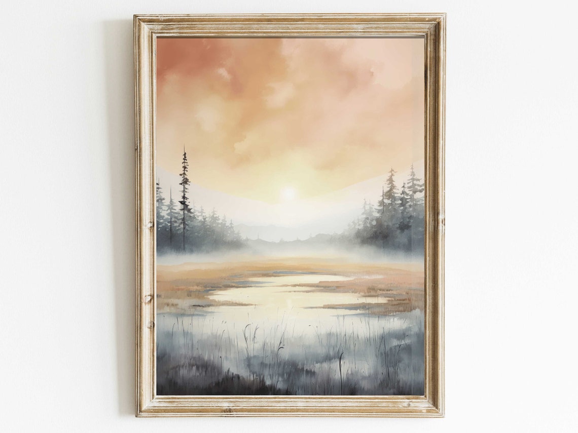 Golden Sunrise Over A Misty Wetland With Pine Trees Watercolor Poster