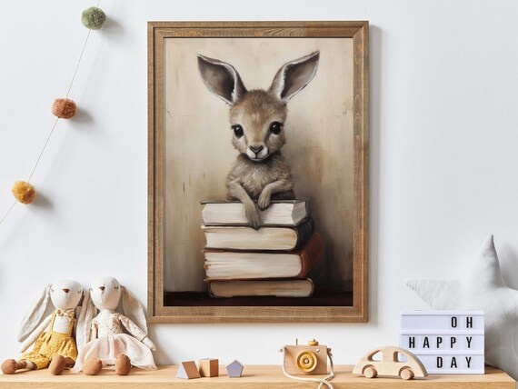 Baby Kangaroo Sitting on Stack of Books Reading Corner Poster