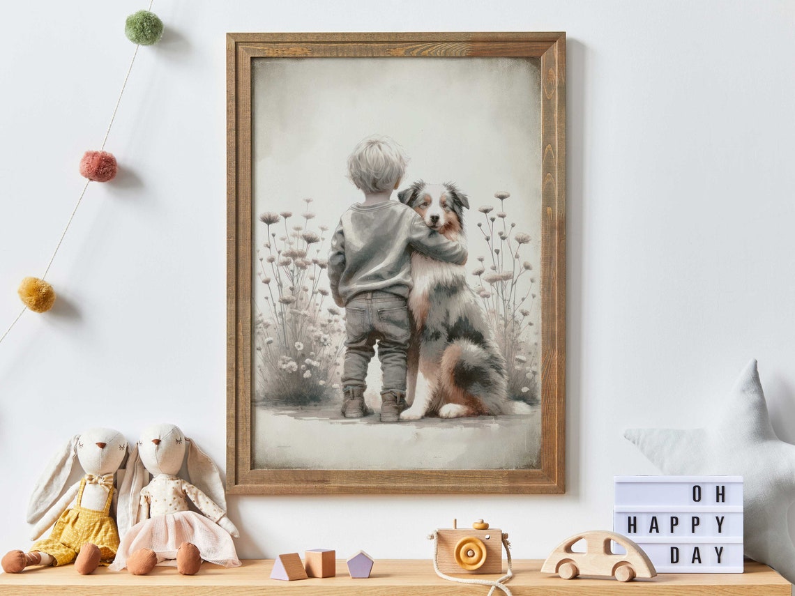 Little Boy Hugging Australian Shepherd Dog Nursery Art Print