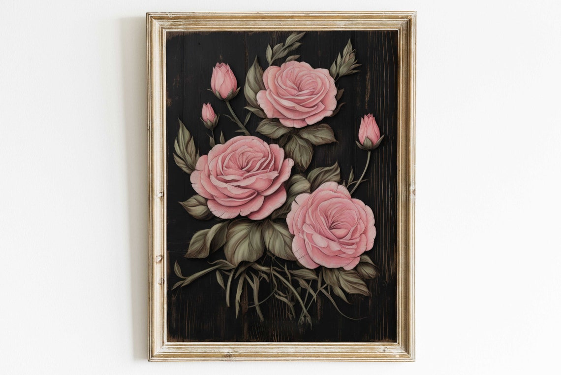 Blush Pink Roses Blooming On A Dark Background Floral Wall Art