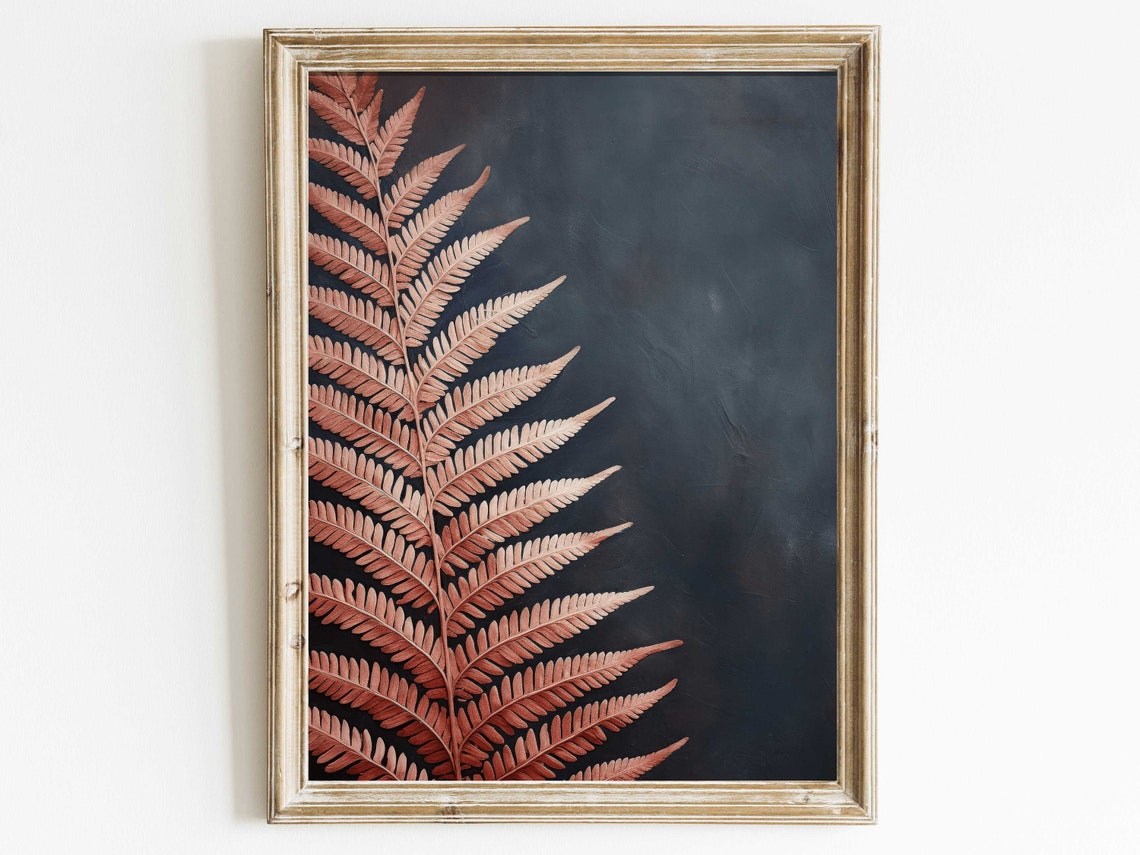 Copper Fern Frond Botanical Dark Background Dramatic Art Poster