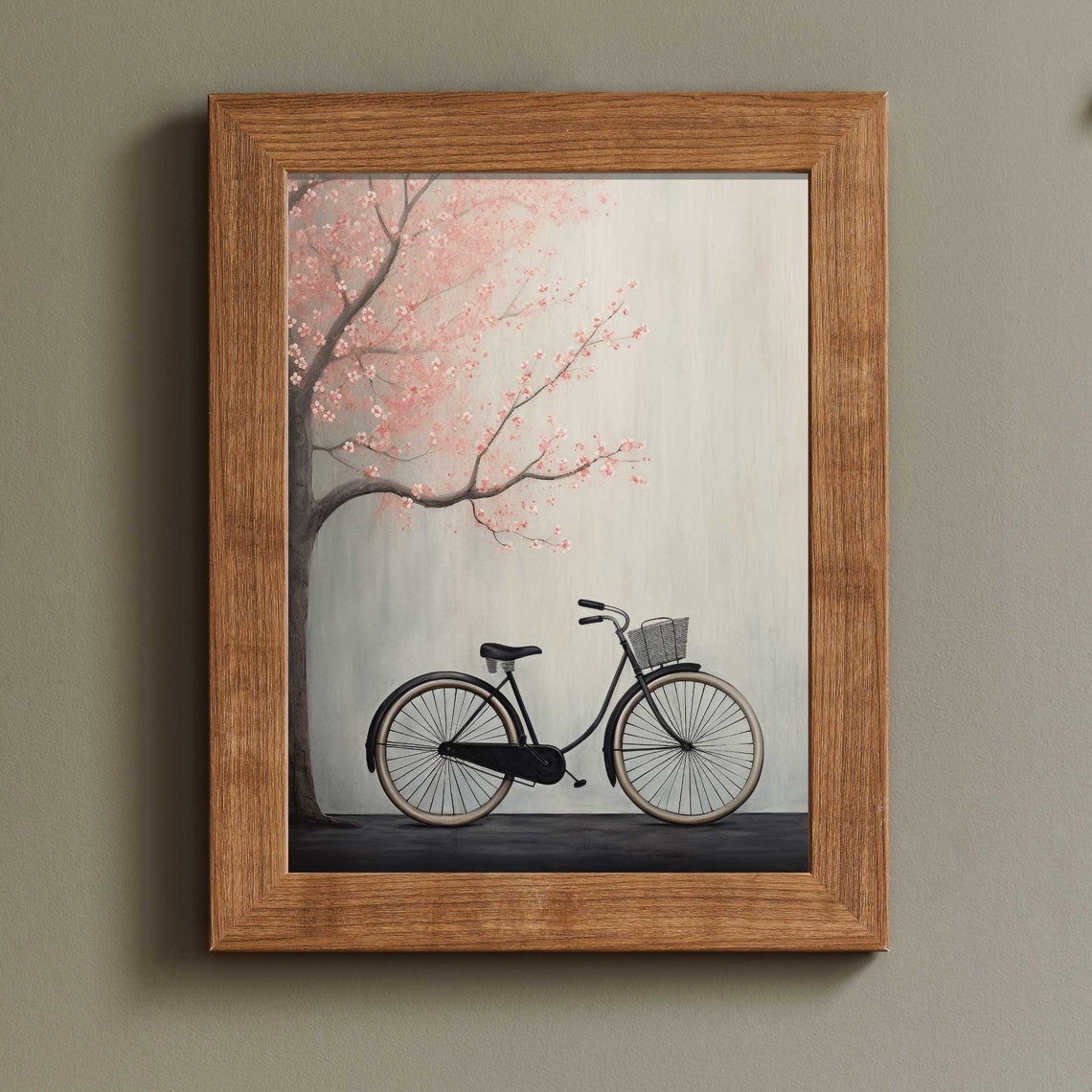 Vintage Bicycle Under A Cherry Blossom Tree Neutral Tone Wall Art - Image 2