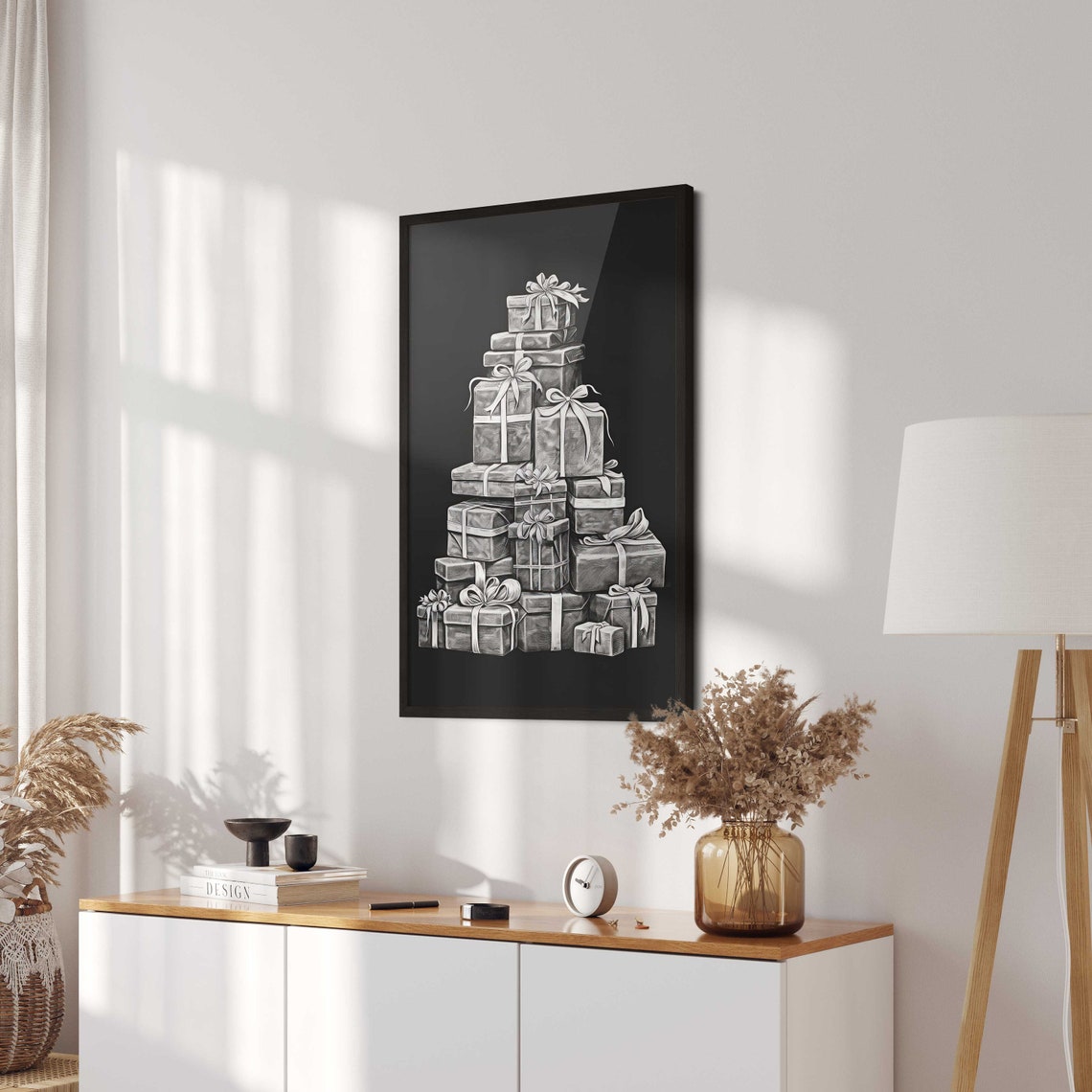 Stack of Christmas Gifts on Black Chalkboard Holiday Wall Art - Image 2