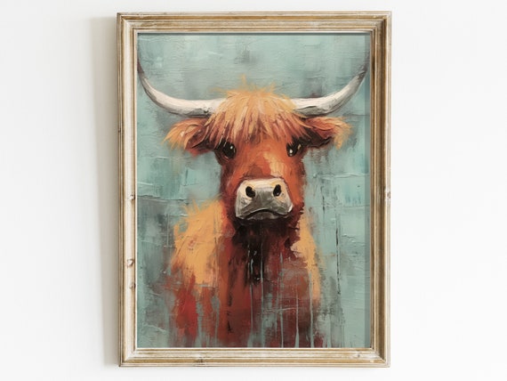 Highland Cow Print Vintage Highland Cattle Decor Bull Art Farm Animals Funny Animal Decor Portrait