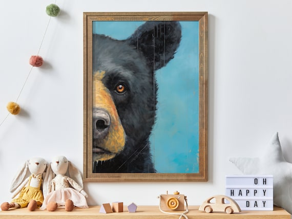 Close-Up Black Bear On Teal Background Modern Nursery Poster