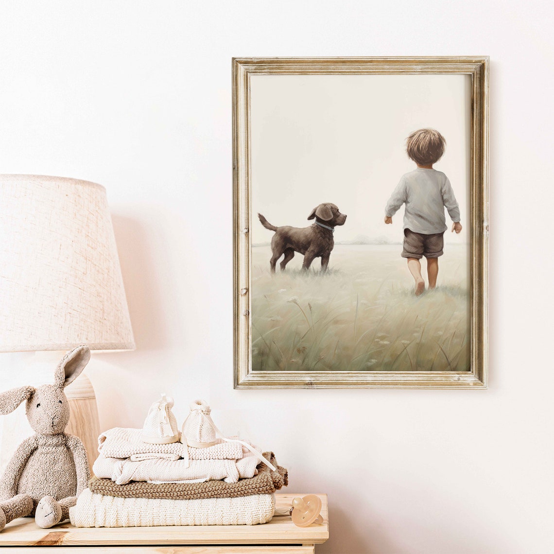 Brown Labrador Puppy and Boy Walking in Meadow Nursery Art Poster - Image 2