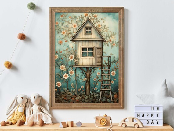 Whimsical Treehouse in Flowering Tree Watercolor Nursery Poster