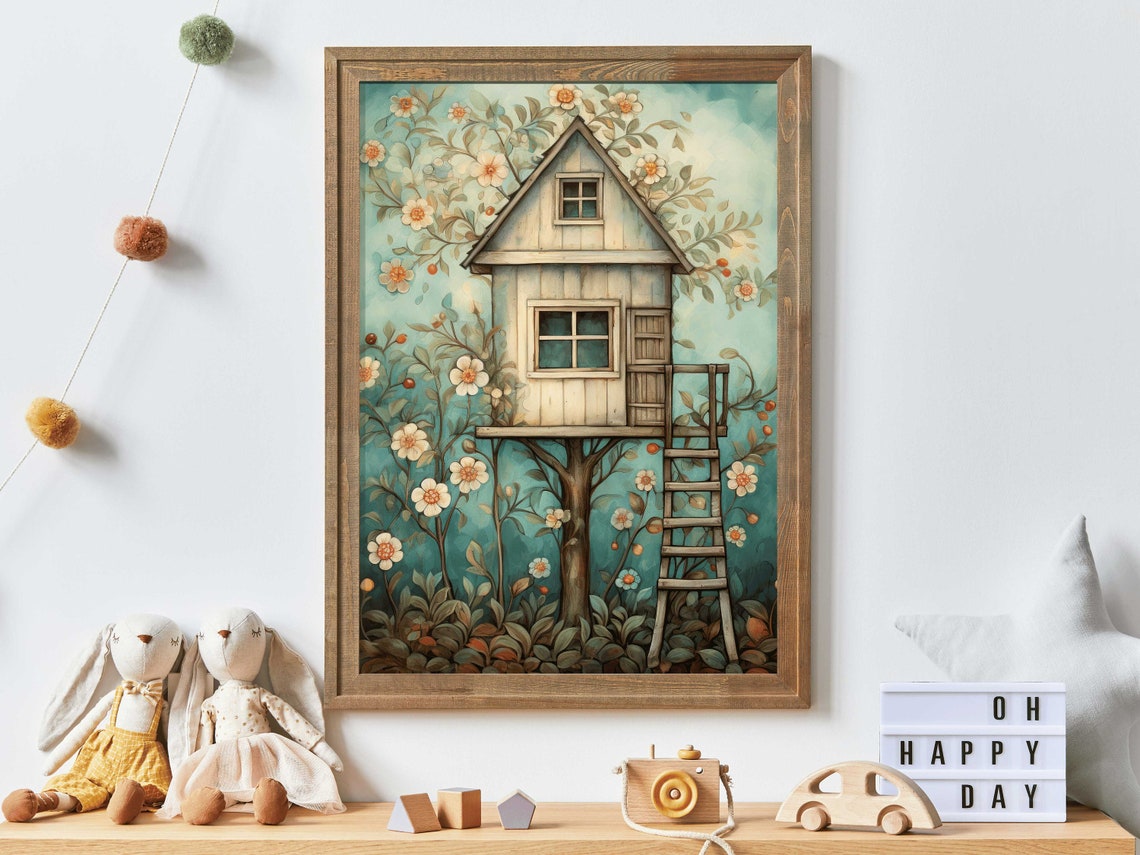 Whimsical Treehouse in Flowering Tree Watercolor Nursery Poster