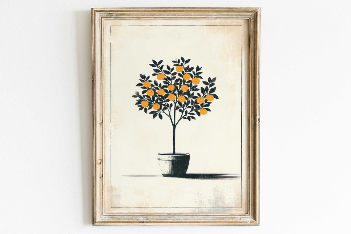 Vintage Potted Orange Tree Botanical Illustration Citrus Fruit Poster