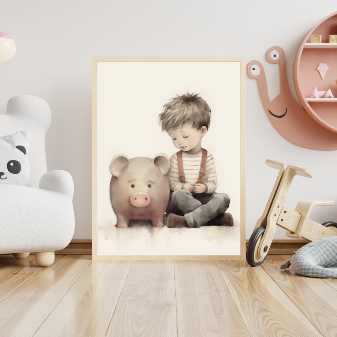 Little Boy Sitting With Big Piggy Bank Watercolor Nursery Savings Poster - Image 2