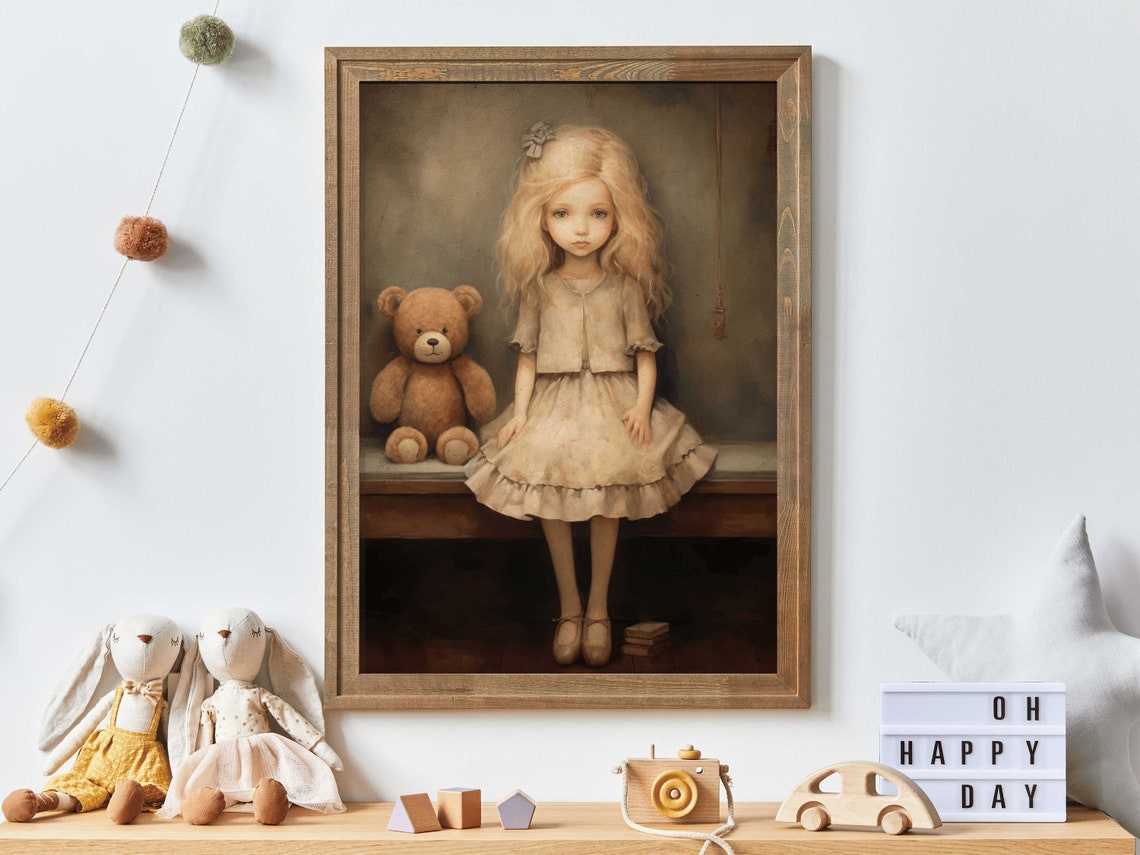 Vintage Style Blonde Girl with Teddy Bear Nursery Art Poster