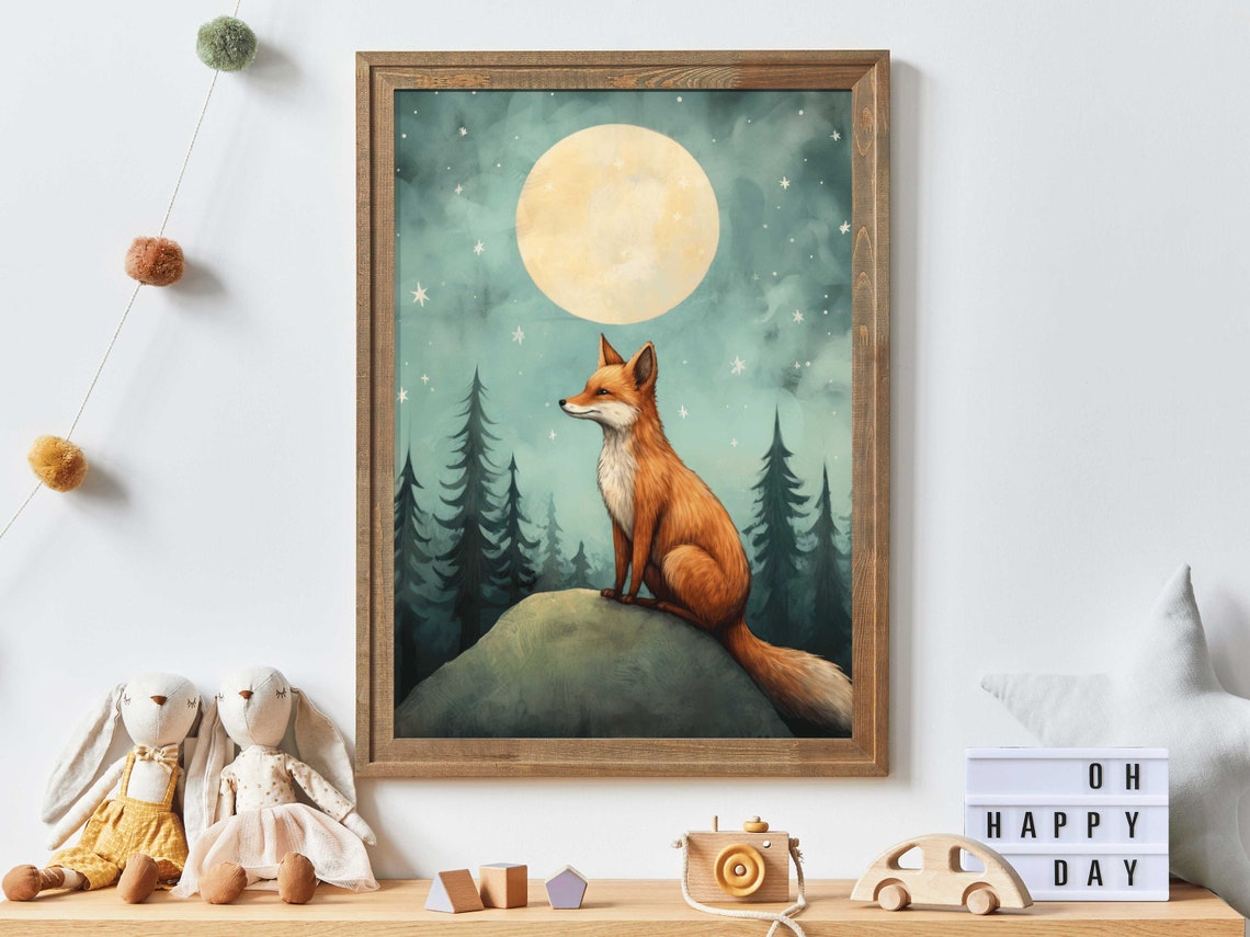 Red Fox Under Full Moon in Night Forest Nursery Animal Poster