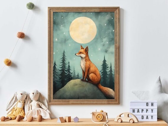Red Fox Under Full Moon in Night Forest Nursery Animal Poster