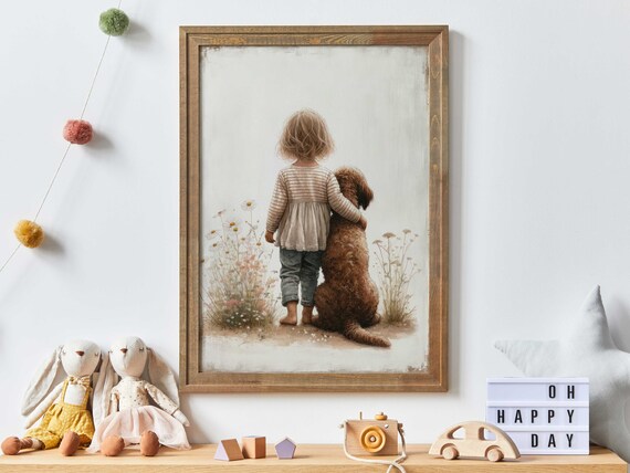 Girl with Labradoodle Puppy in Wildflower Field Nursery Wall Poster