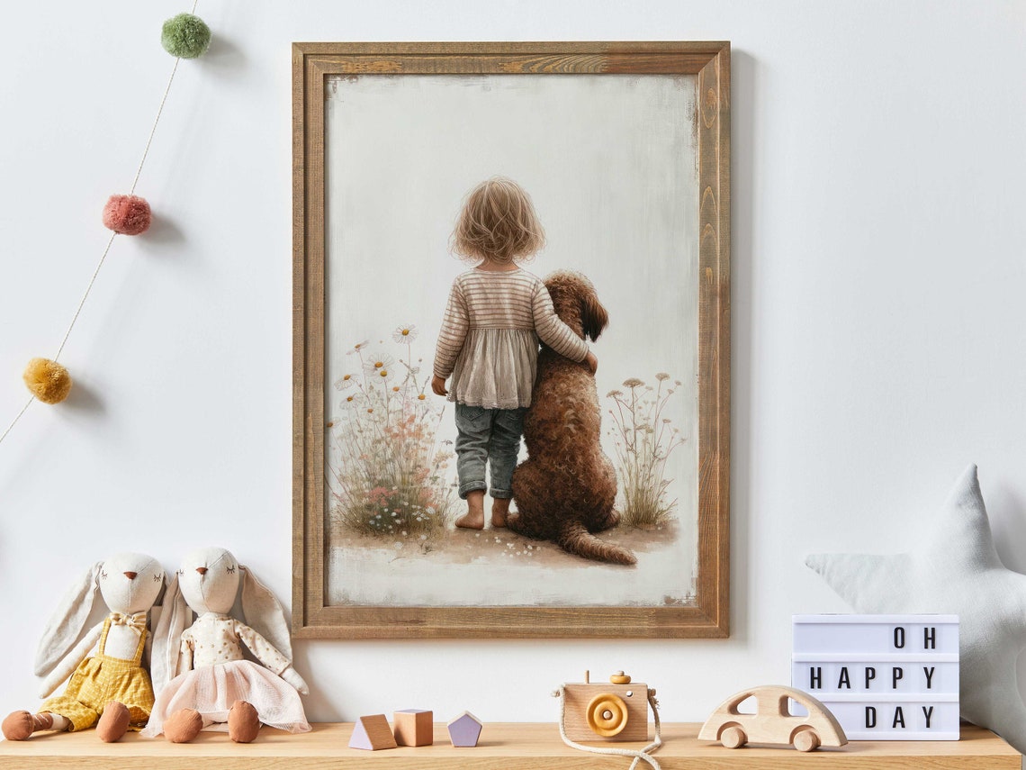 Girl with Labradoodle Puppy in Wildflower Field Nursery Wall Poster