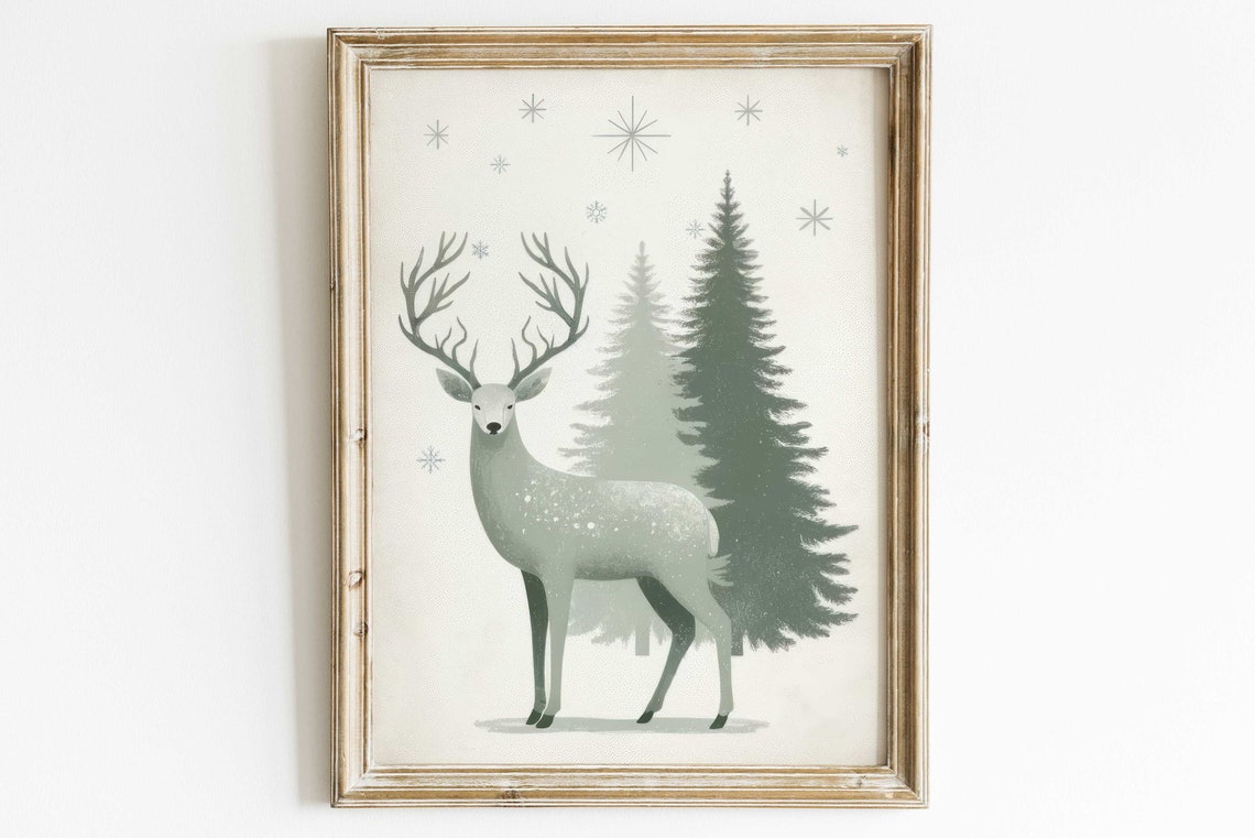 Sage Green Deer in Winter Christmas Pine Forest Wonderland Wall Art