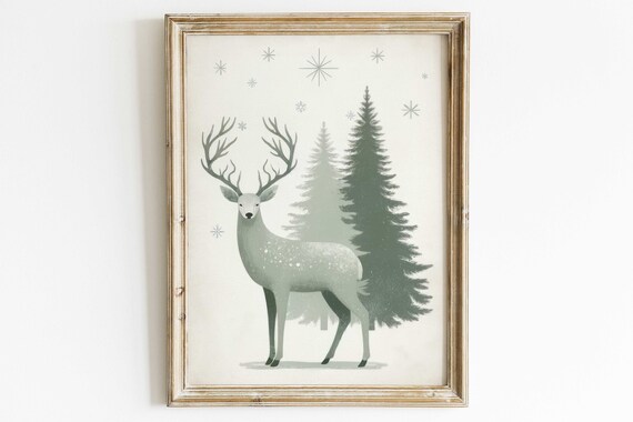 Sage Green Deer in Winter Christmas Pine Forest Wonderland Wall Art