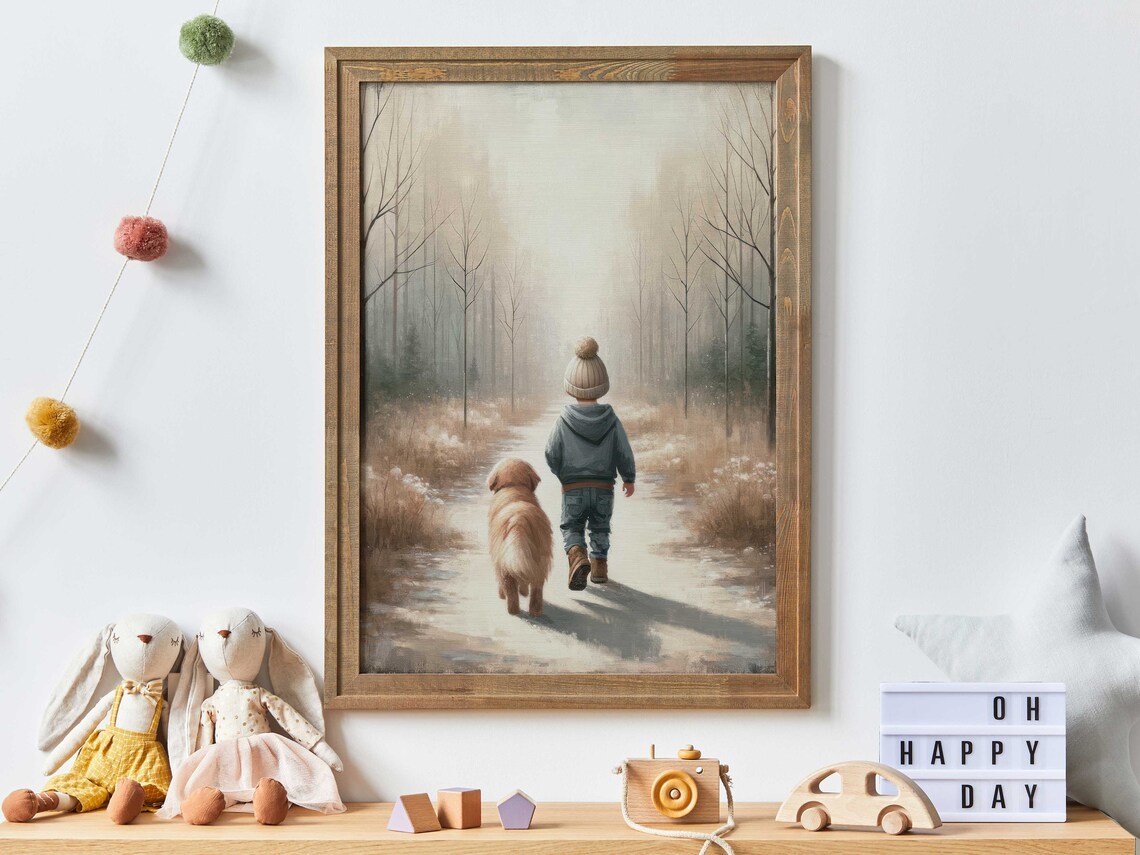 Boy and Dog Print, Golden Retriever Nursery Decor