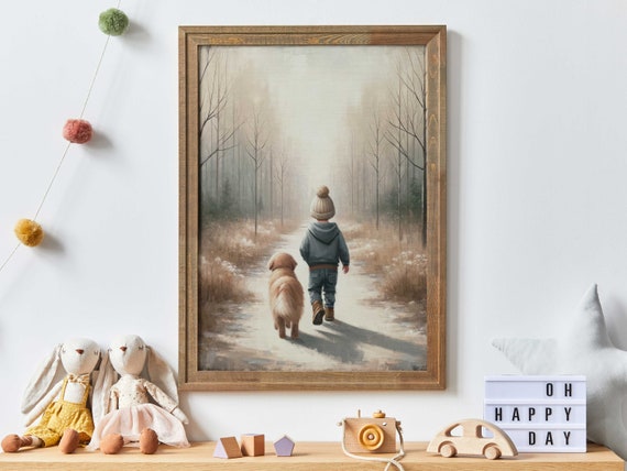 Boy and Dog Print, Golden Retriever Nursery Decor