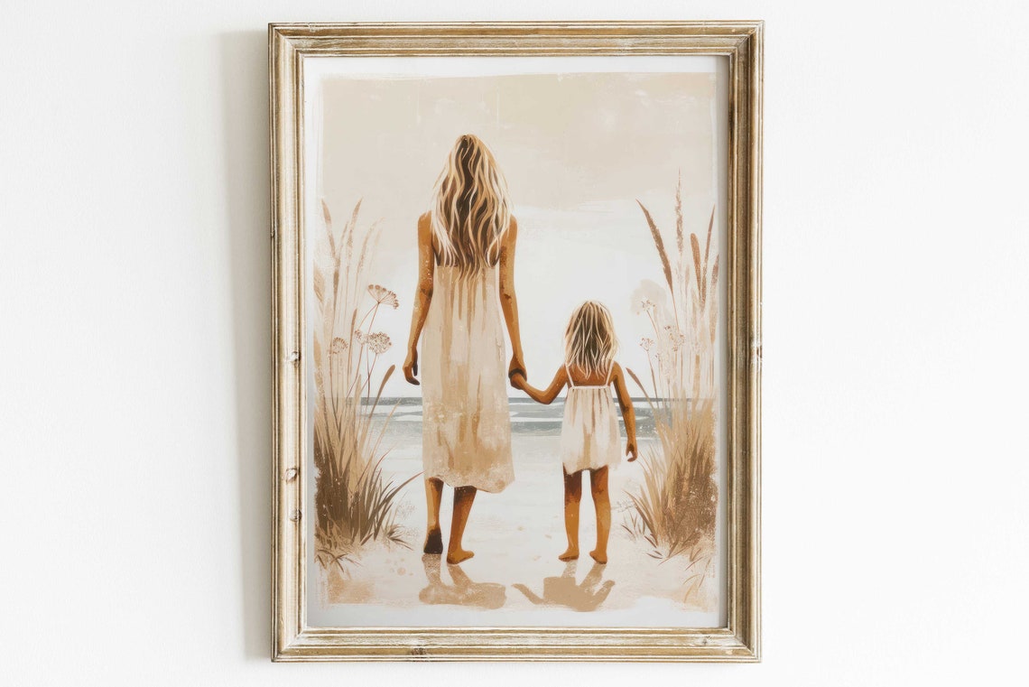 Mother Daughter Art Daughter And Mother Wall Art Girl Beach Art Mom Daughter Painting Rustic Nursery Decor Girl Family Art