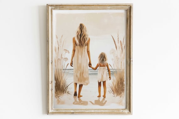 Mother and Daughter Walking Hand in Hand on the Beach Poster