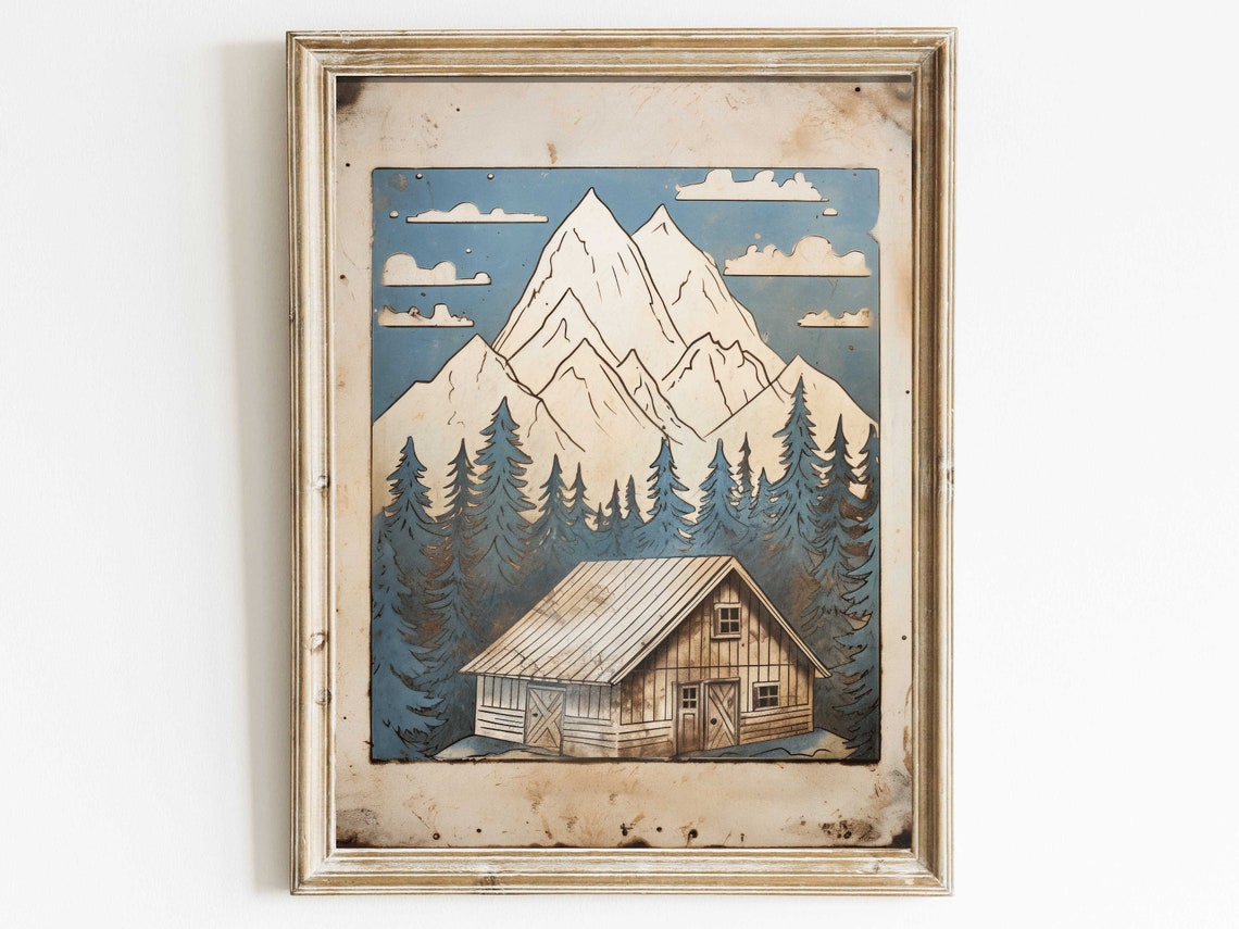 Vintage Mountain Cabin Among Pines Line Art Landscape Poster