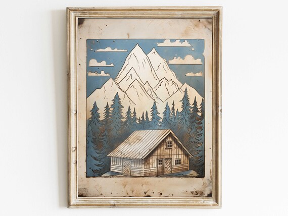 Mountain Cabin Print Forest And Mountain Art Rustic Landscape Art Cozy Cottage Art Print Vintage Nature Print Art