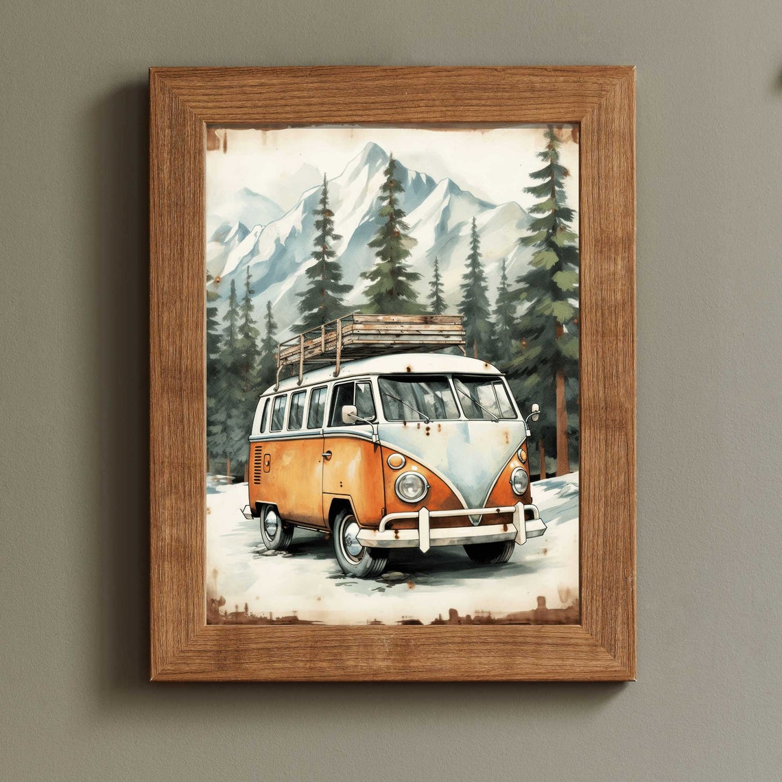 Vintage Orange VW Bus Camper Van In Snowy Mountains Retro Poster - Image 2