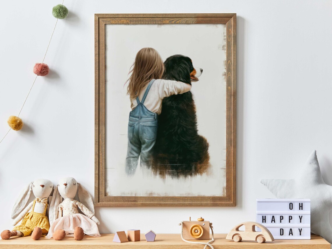 Girl Bernese Mountain Dog Art Print, Nursery Decor