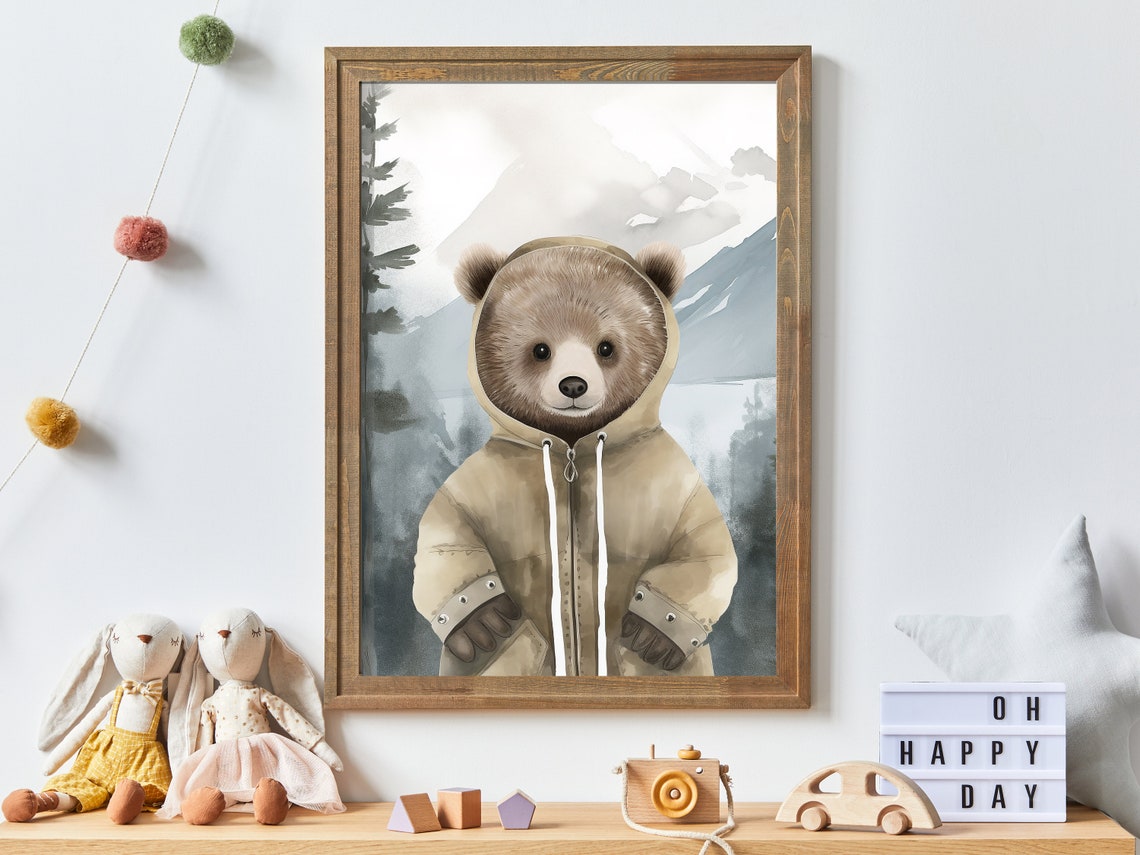 Cute Bear Cub Wearing Beige Hooded Raincoat Mountain Scene Poster