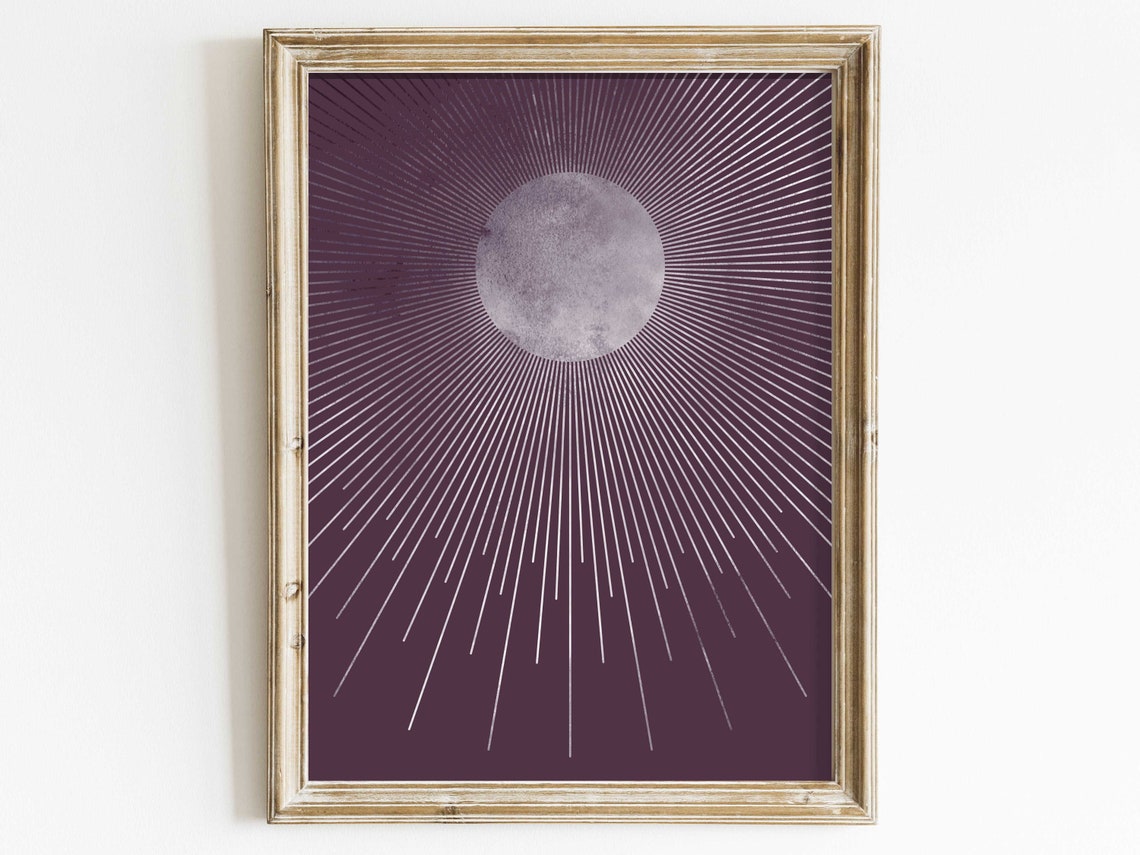 Sunburst Rays on Deep Plum Boho Celestial Minimalist Wall Poster