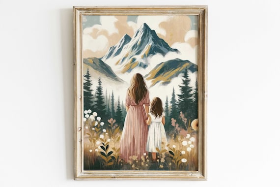 Mother and Daughter Gazing at Mountain Valley Landscape Art Poster