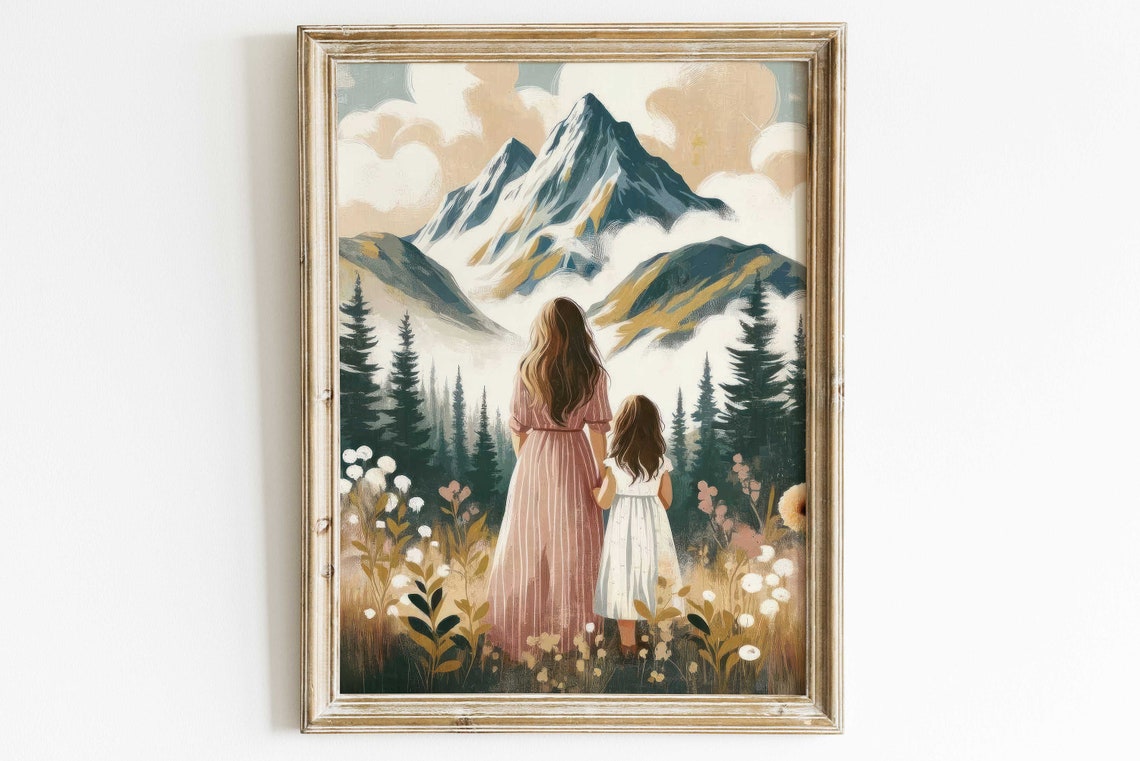 Mother Daughter Wall Art Mom And Daughter Gift Girl Adventure Print Mother Child Painting Outdoors Nursery Family Art