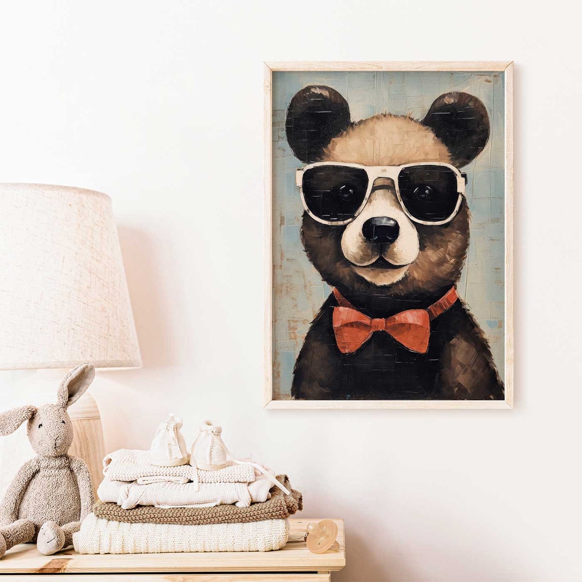 Brown Bear with White Sunglasses and Red Bow Tie Funny Art Poster - Image 2
