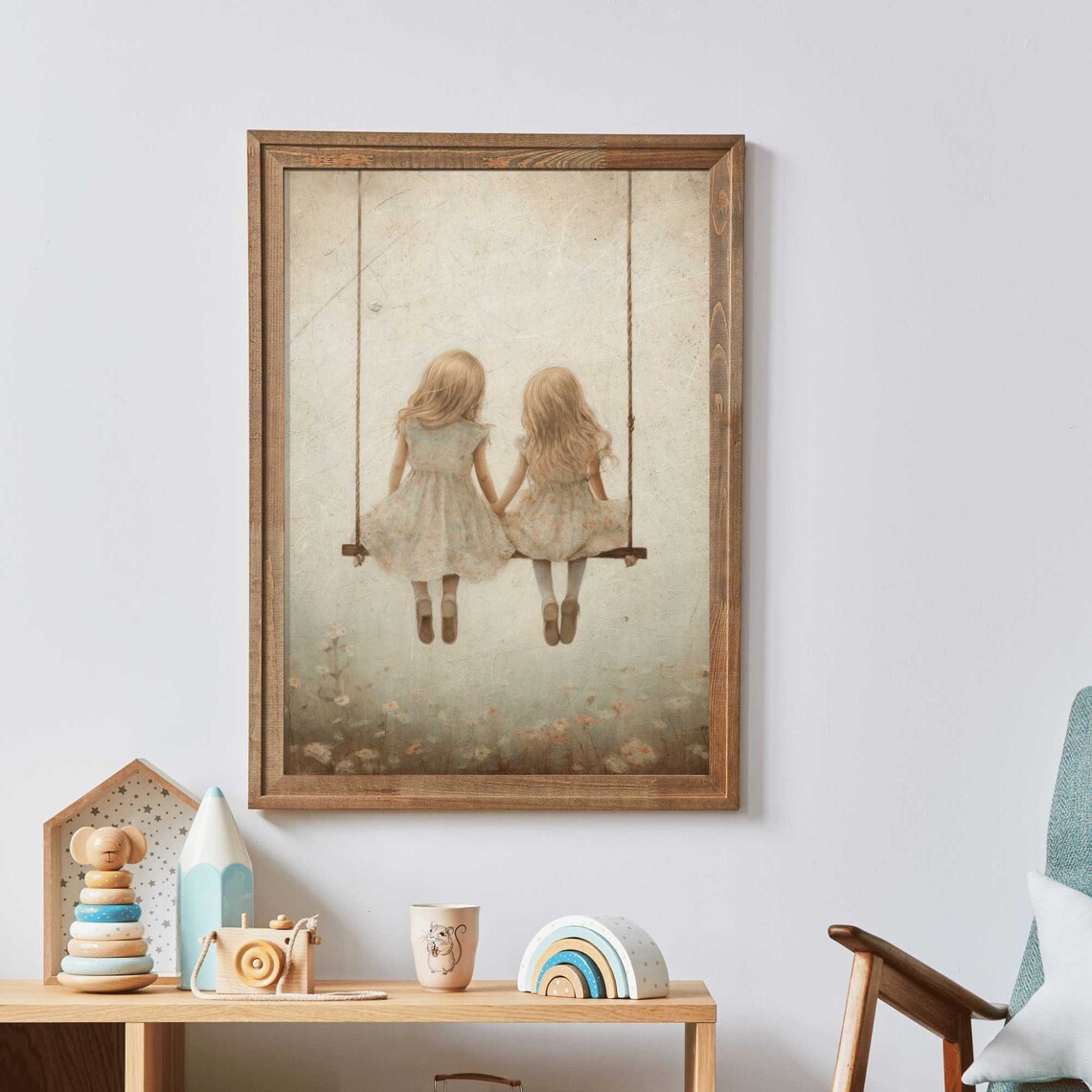Girls on a Swing Sister Room Decor, Vintage Print - Image 2