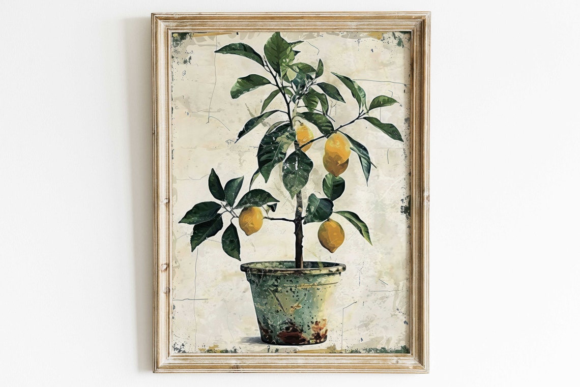 Vintage Lemon Tree in Green Pot Botanical Citrus Wall Decor Poster