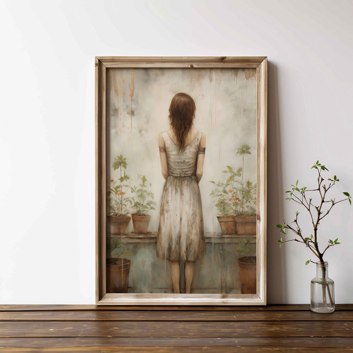 Woman Among Potted Flowers Distressed Elegant Home Decor Poster