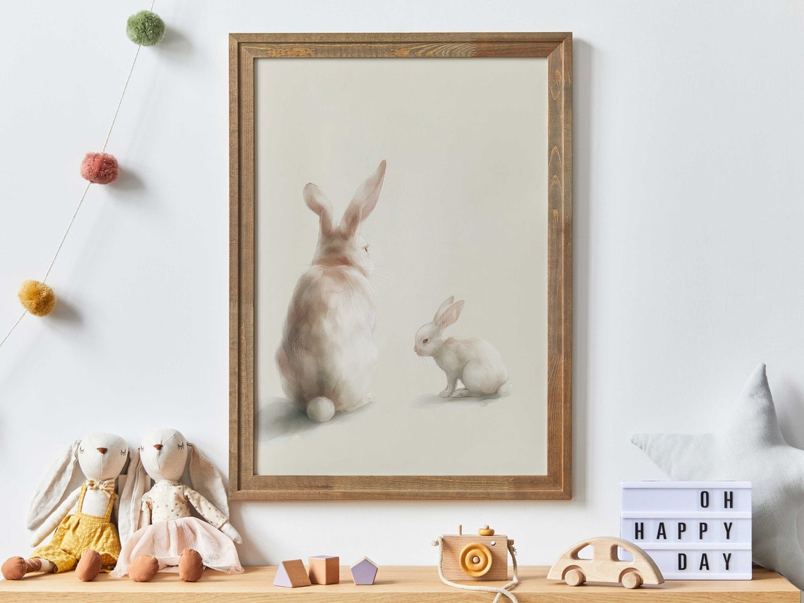 White Rabbit Mother and Baby Soft Watercolor Nursery Decor Poster