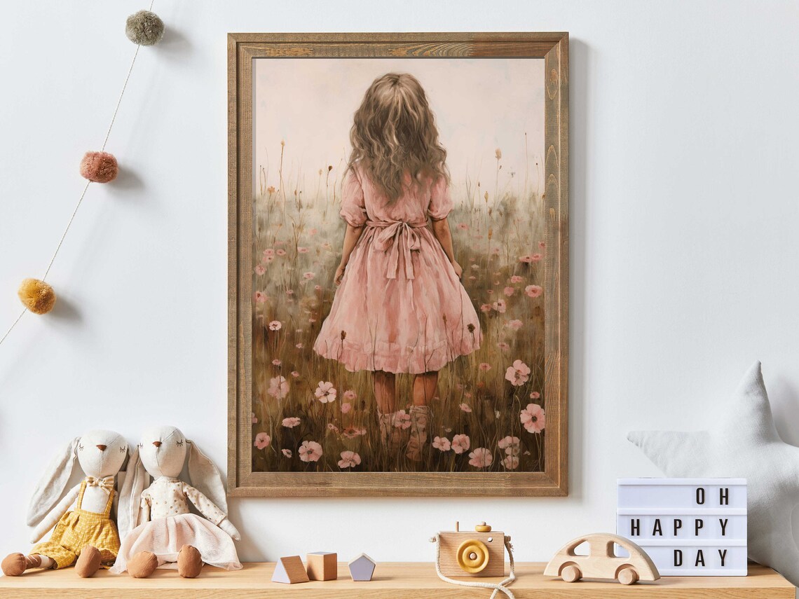Wildflower Field Art Print, Rustic Vintage Nursery Decor