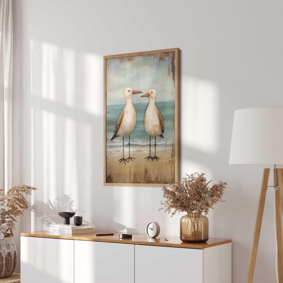 Two Seagulls Facing Each Other on Sandy Beach Coastal Art Poster - Image 2