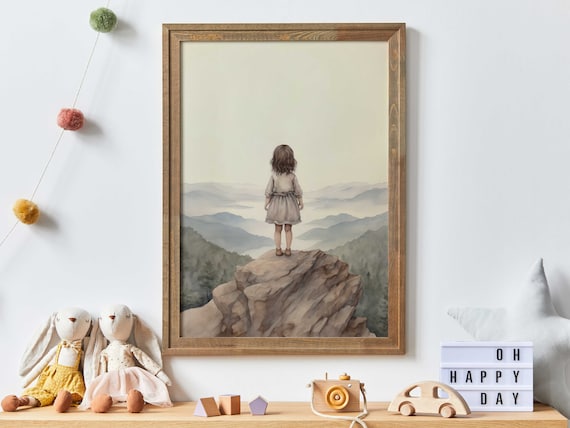 Little Girl Standing On Cliff Gazing At Misty Mountain Vista Nursery Poster
