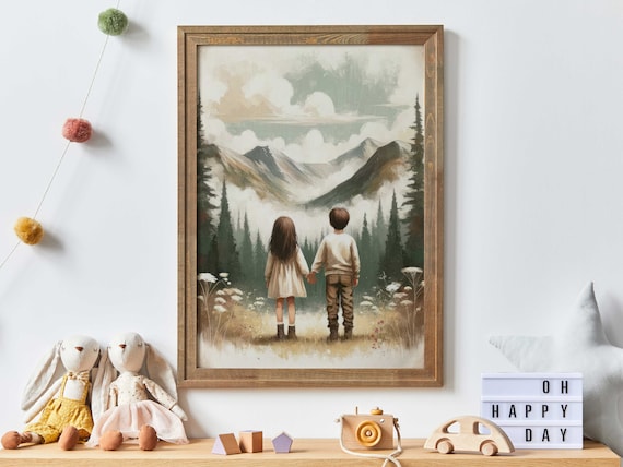 Brother and Sister Holding Hands Mountain View Nursery Art Print