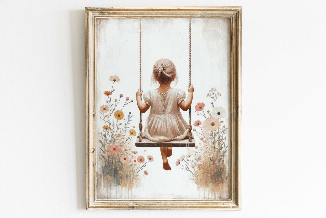 Little Girl On A Swing Wildflower Nursery Art - Image 3