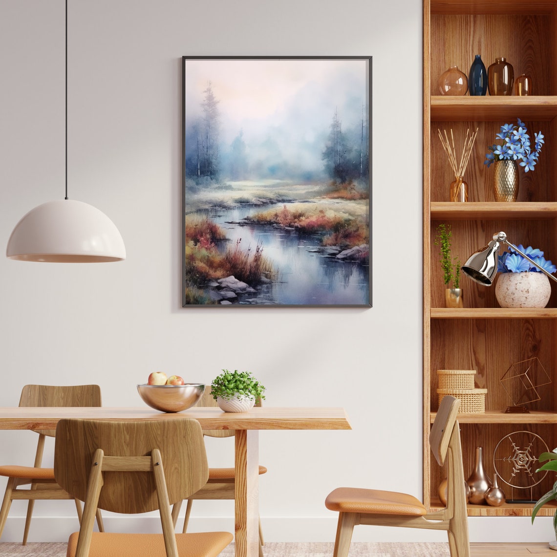 Misty Forest River Poster Autumn Watercolor Woodland Stream Landscape - Image 2