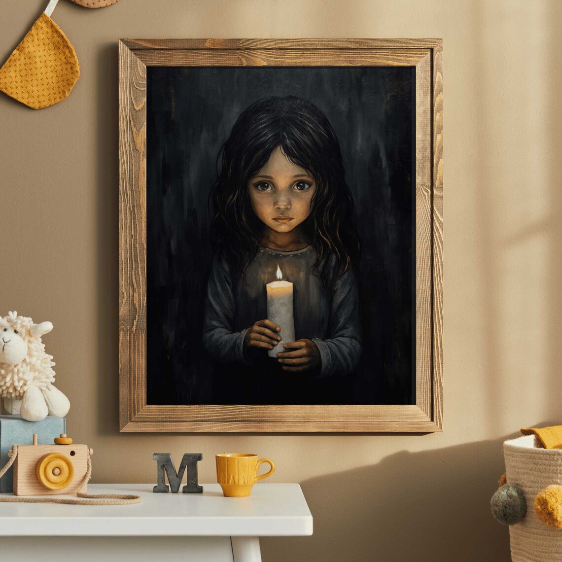 Girl Holding A Lit Candle In The Dark Moody Vintage Portrait Poster - Image 2