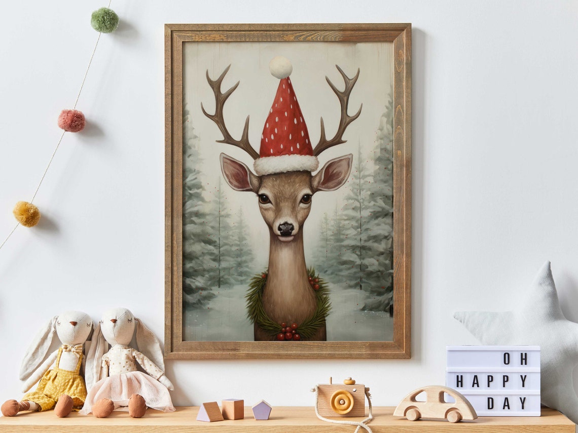 Cute Deer in Christmas Forest with Snowman Kids Holiday Art Poster