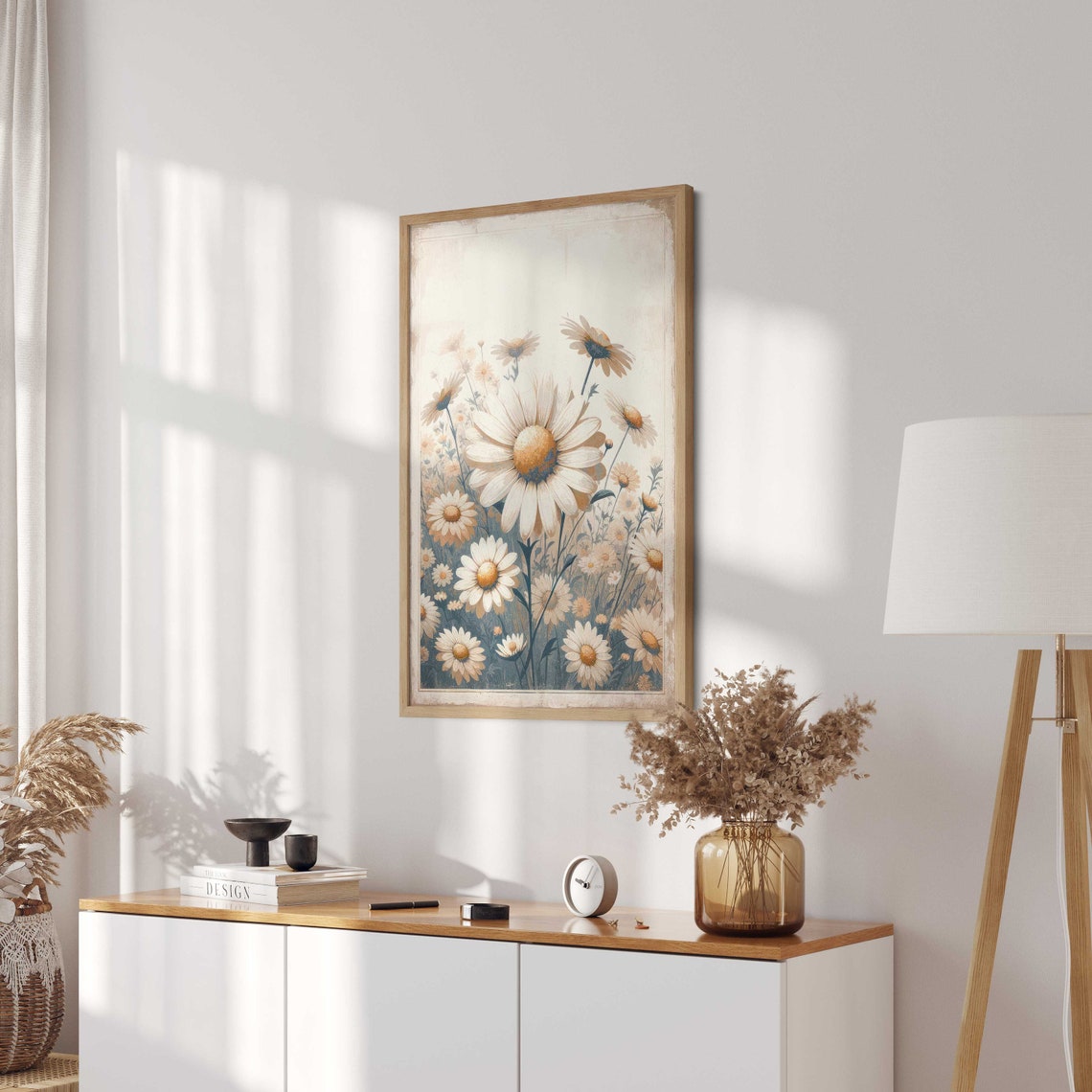 White Daisies Vintage Painting Poster Rustic Floral Cottage Decor - Image 2