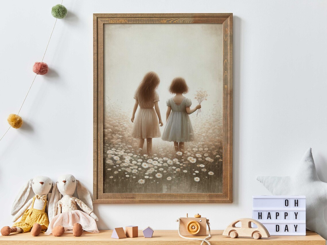 Vintage Sister Painting Art Print, Sister Room Decor